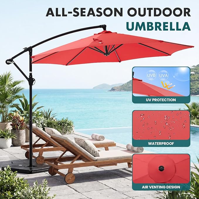 OLIXIS 9.7FT Offset Patio Umbrella with Base, Cantilever Table Umbrellas for Outdoor Sun Shade UV Protection with Easy Tilt Adjustment, 8 Ribs for Backyard, Lawn, Garden, Pool - Red