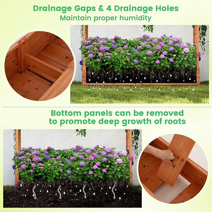 Giantex Set of 2 Raised Garden Bed with Trellis & Hanging Roof, Wood Planter Box with Bottom and Drainage Holes, Freestanding Garden Planter for Flower Vegetable Fruit Herb Climbing Vines, 77"x17"x72"