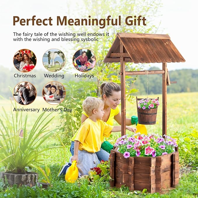 VINGLI Wooden Wishing Well Outdoor Planters, Well Covers for Yard with 4 Reinforced Rods, Height Adjustable Hanging Bucket, Rustic Flower Pot Home Decor for Outside Patio Garden