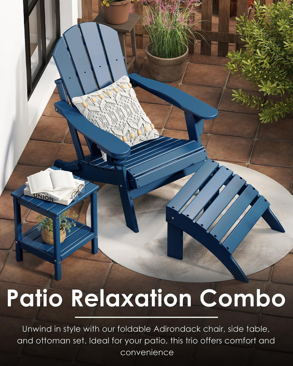 GREENVINES Folding-Adirondack-Chairs Set of 2, HDPE All Weather, Blue | Hidden Cup Holder | 5” Wide Armrests | Foldable Fire Pit Chair | Reclined Legs | Low Maintenance for Outdoor Patio Deck