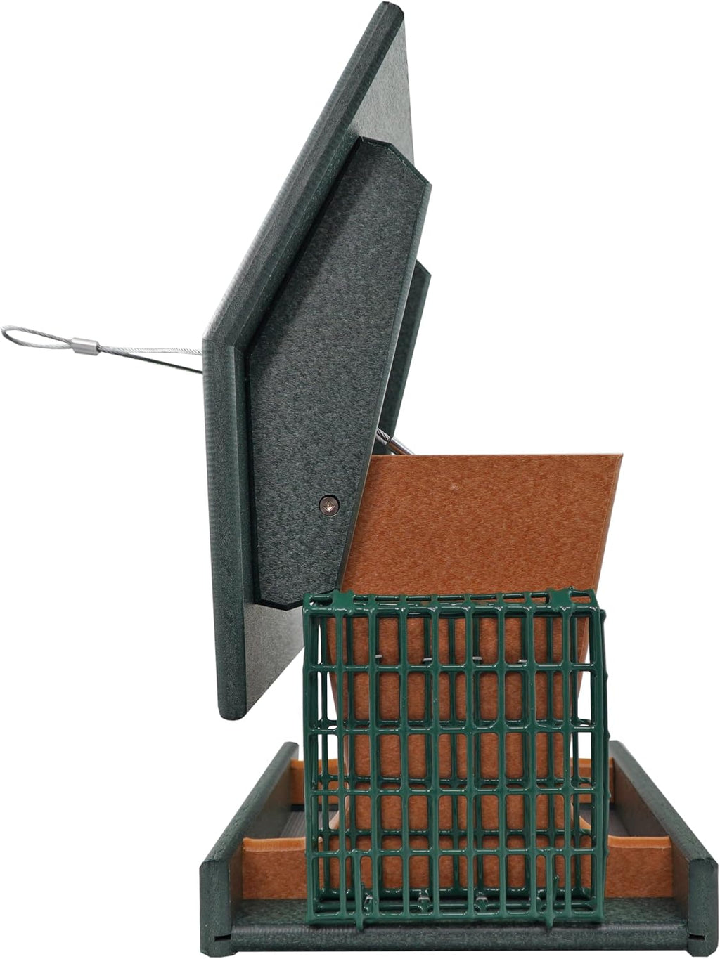 DutchCrafters Poly Hopper Bird Feeder with Suet Holder, Large Suet Feeder for Birds, Outdoor Hanging - Amish American Made (Turf Green & Cedar)