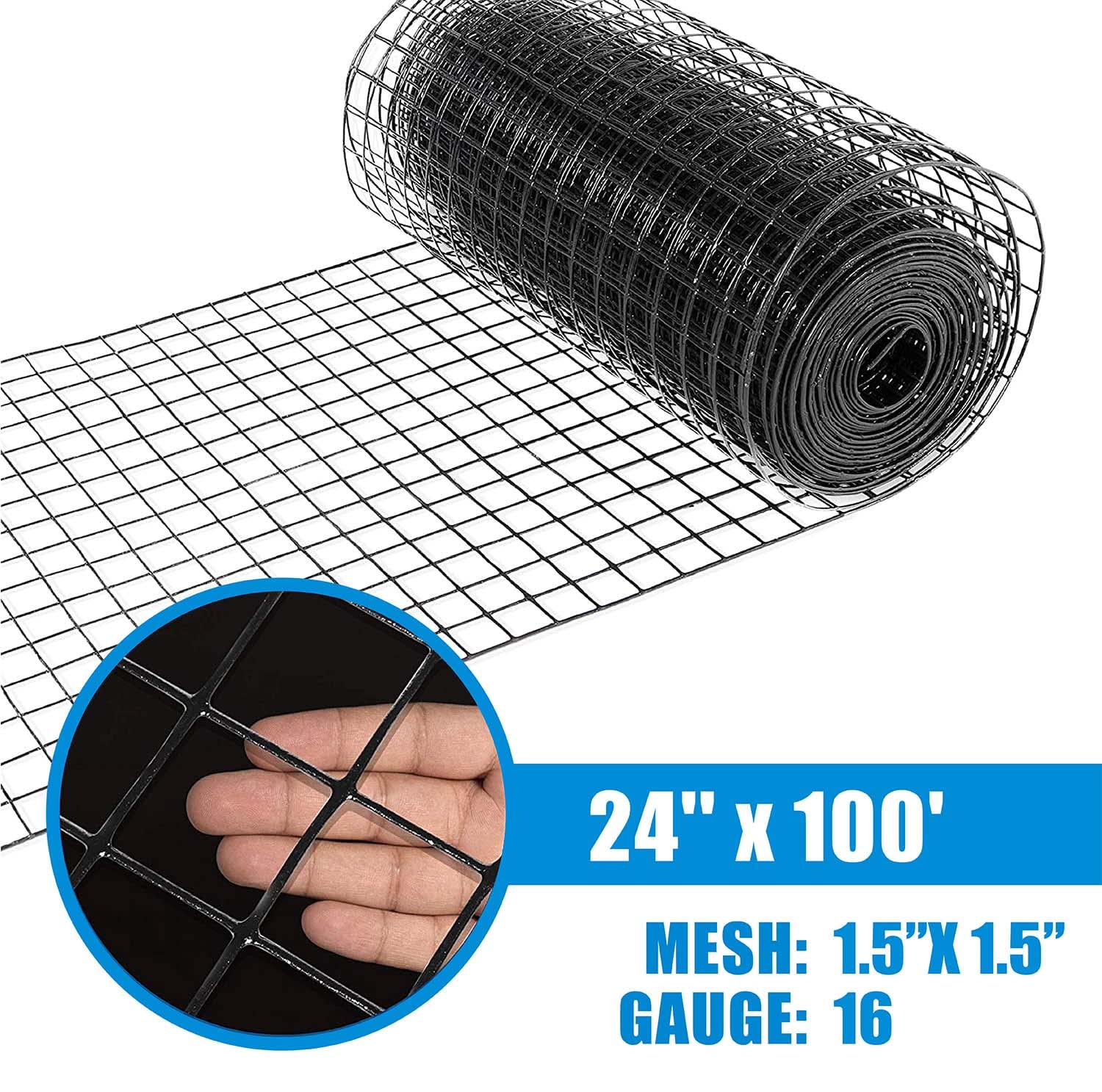 Fencer Wire 16 Gauge Hardware Cloth, Black Vinyl Coated Welded Wire Mesh, Chicken Coop Wire Fence, 1.5 inch x 1.5 inch Grid (2 ft. x 100 ft.)