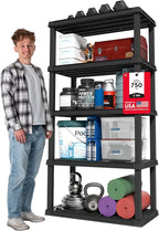 IRIS USA 5-Shelf Heavy Duty Plastic Storage Shelves, 750lb Capacity, 73" H x 36" W x 18" D, Large Modular Shelving Unit Storage Organizer for Garage, Home, Warehouse & Gym, Storage Rack - Black