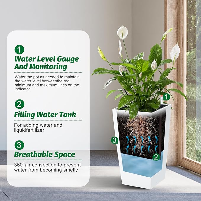 Garvee 16" Tall Planters Set of 2, Outdoor＆Indoor Black Planter Pots, High Front Porch Planter Pots with Drainage Holes＆Water Level Monitor＆Inner Bucket,White