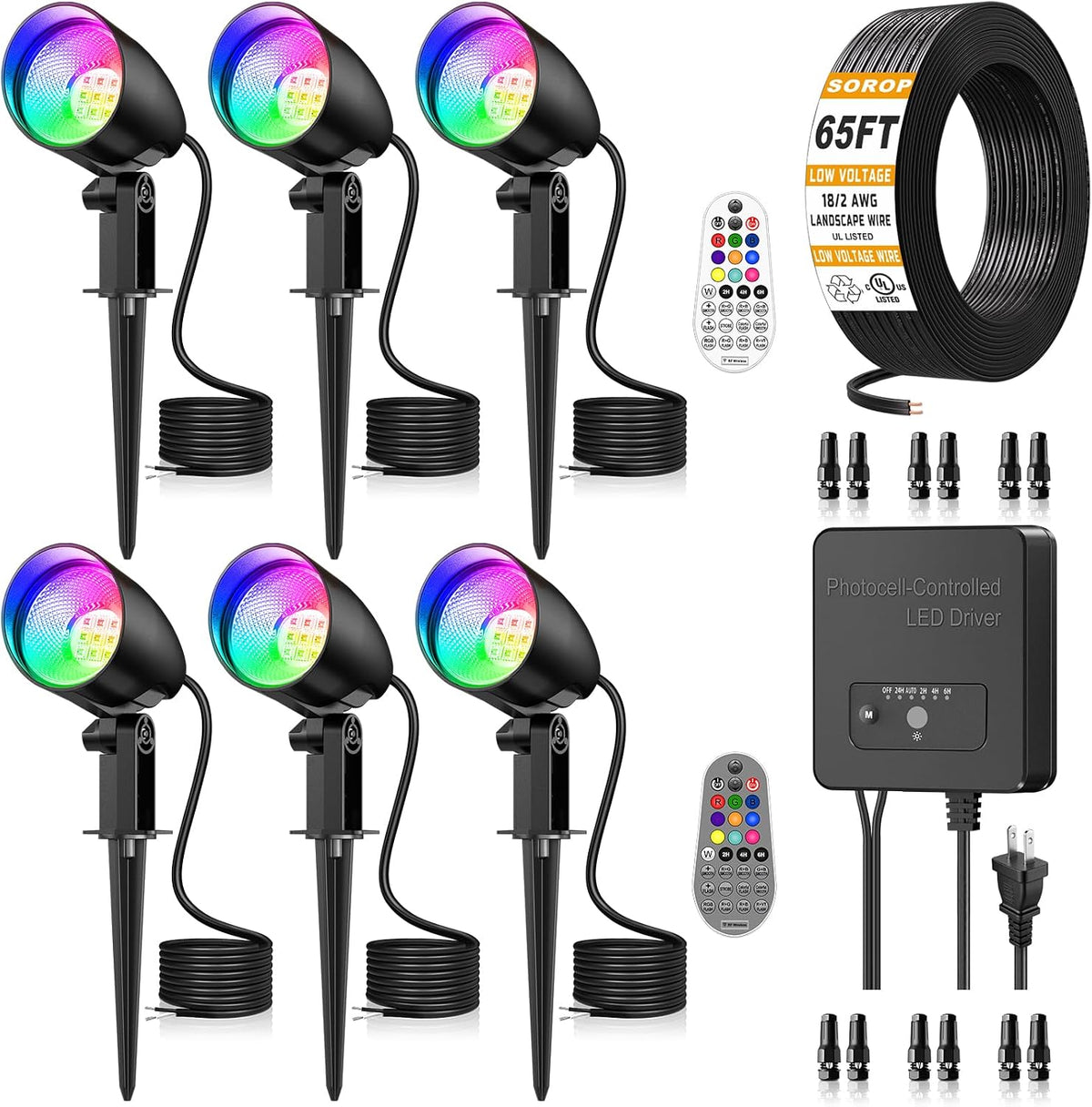 All-in-One Low Voltage Landscape Lighting 20W RGBW Spotlight 6Pack | Color Changing Landscape Lights with 144W Transformer 65FT Wire, IP66 Waterproof Outdoor Light for Yard Path Christmas Decor