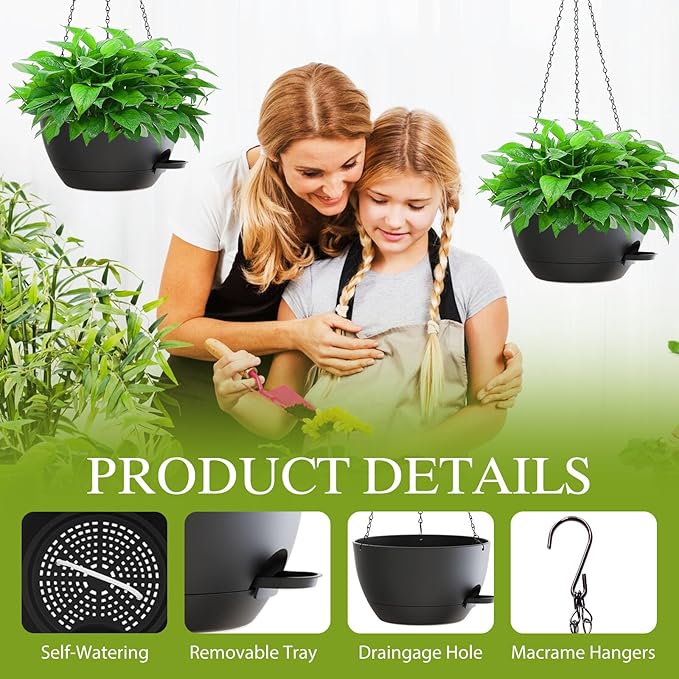 12 Inch Hanging Baskets 2 PC with Chains, Self-Watering Hanging Planters for Indoor Outdoor Plants, Plastic Hanging Flower Pots,Black