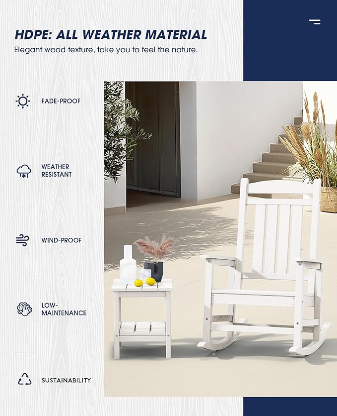 KINGYES Oversized Patio Rocking Chair Set of 2, High Density Polyethylene Outdoor Rocking Chairs with 330lbs Support for Adults, White