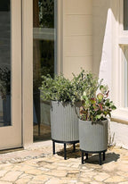 Veradek Demi Series Round Planter w/Stand for Porch/Patio | Durable Plastic-Stone Composite & Wooden Stand | Modern Décor for Tall Plants, Flowers