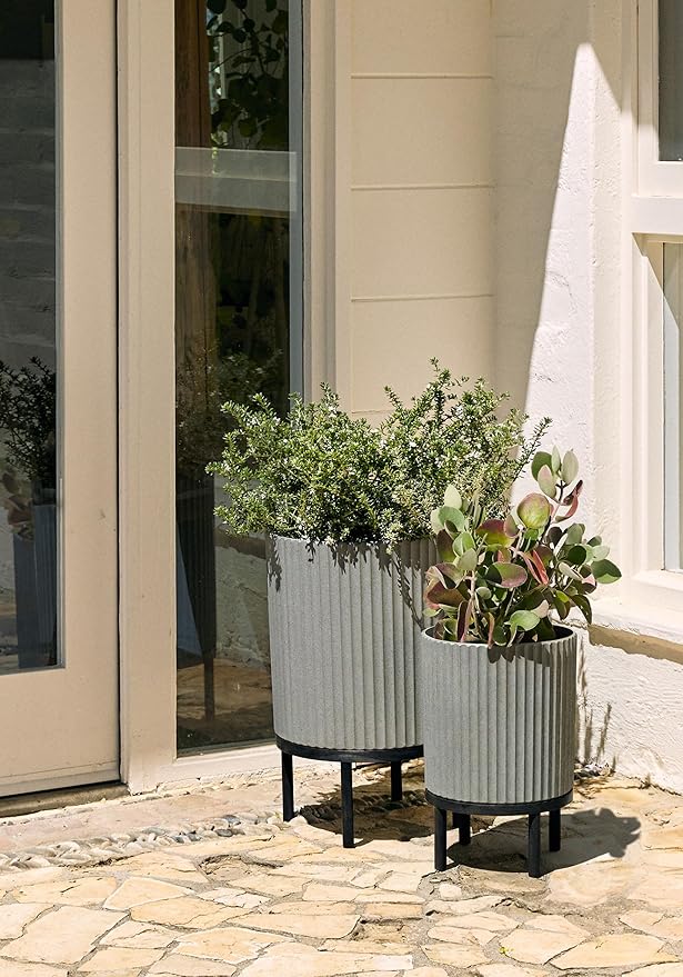 Veradek Demi Series Round Planter w/Stand for Porch/Patio | Durable Plastic-Stone Composite & Wooden Stand | Modern Décor for Tall Plants, Flowers