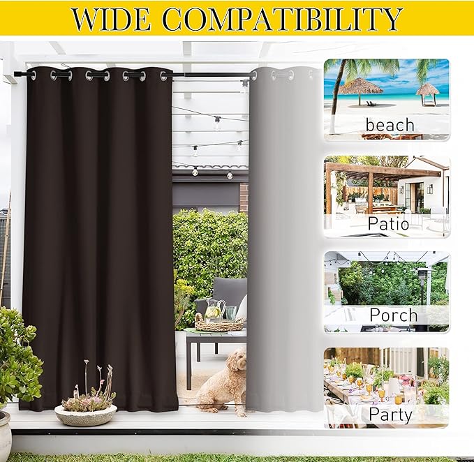NICETOWN 2 Panels Weighted Outdoor Curtains for Patio Waterproof, Thermal Insulated Grommet & Back Tab on Top & Bottom Windproof Sun Blocking Draperies for Gazebo with Rope, Toffee Brown, W66 x L84