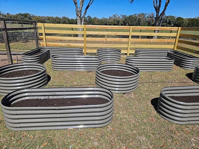 A ANLEOLIFE Set of 14 18 Inch Tall Raised Garden Beds Kit, Heart-Shaped, Long Oval & Round Metal Planters – Ideal for Creative Garden Layouts, Quartz Grey