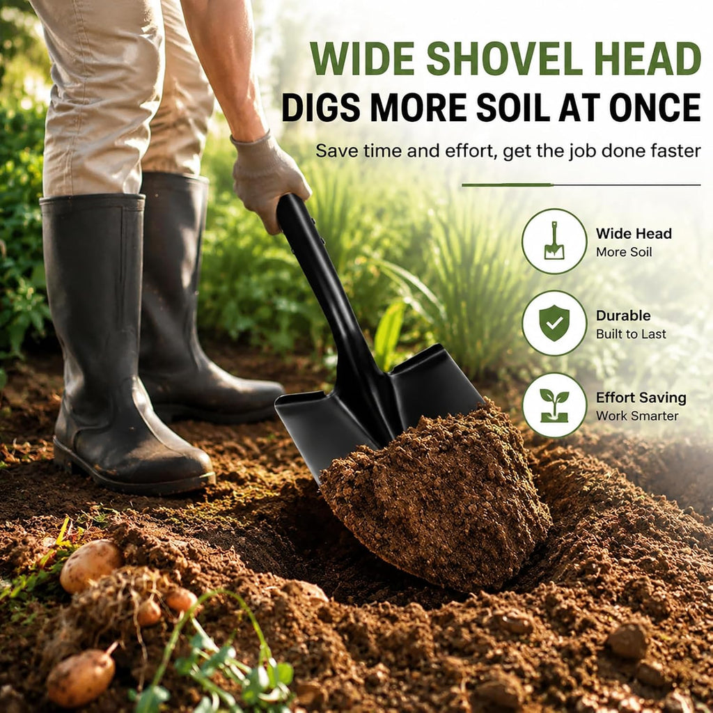 shovel for digging,round shovel, garden tool with d-handle, close-up detail