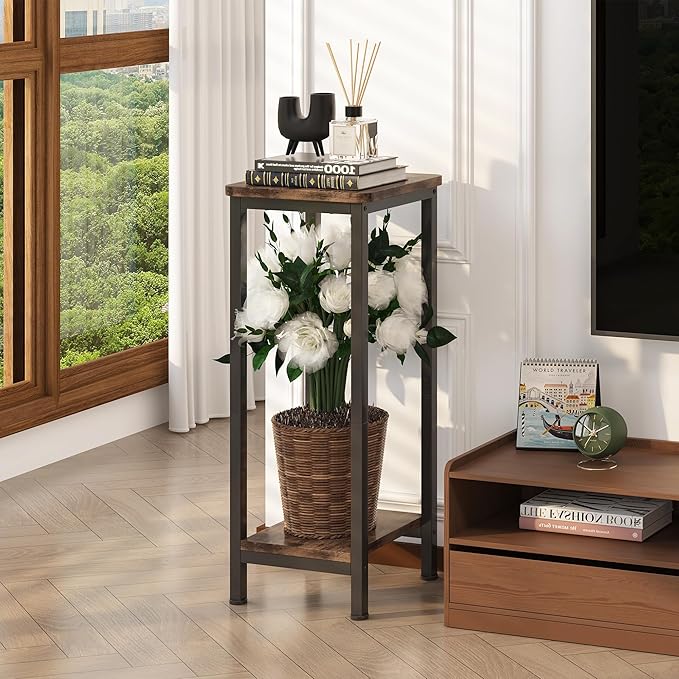 Homeiju Plant Stand Indoor, 2 Tier Wood Corner Plant Stand, Modern Square Plant Shelf Flower Stand for Living Room Patio Balcony Garden, Rustic Brown