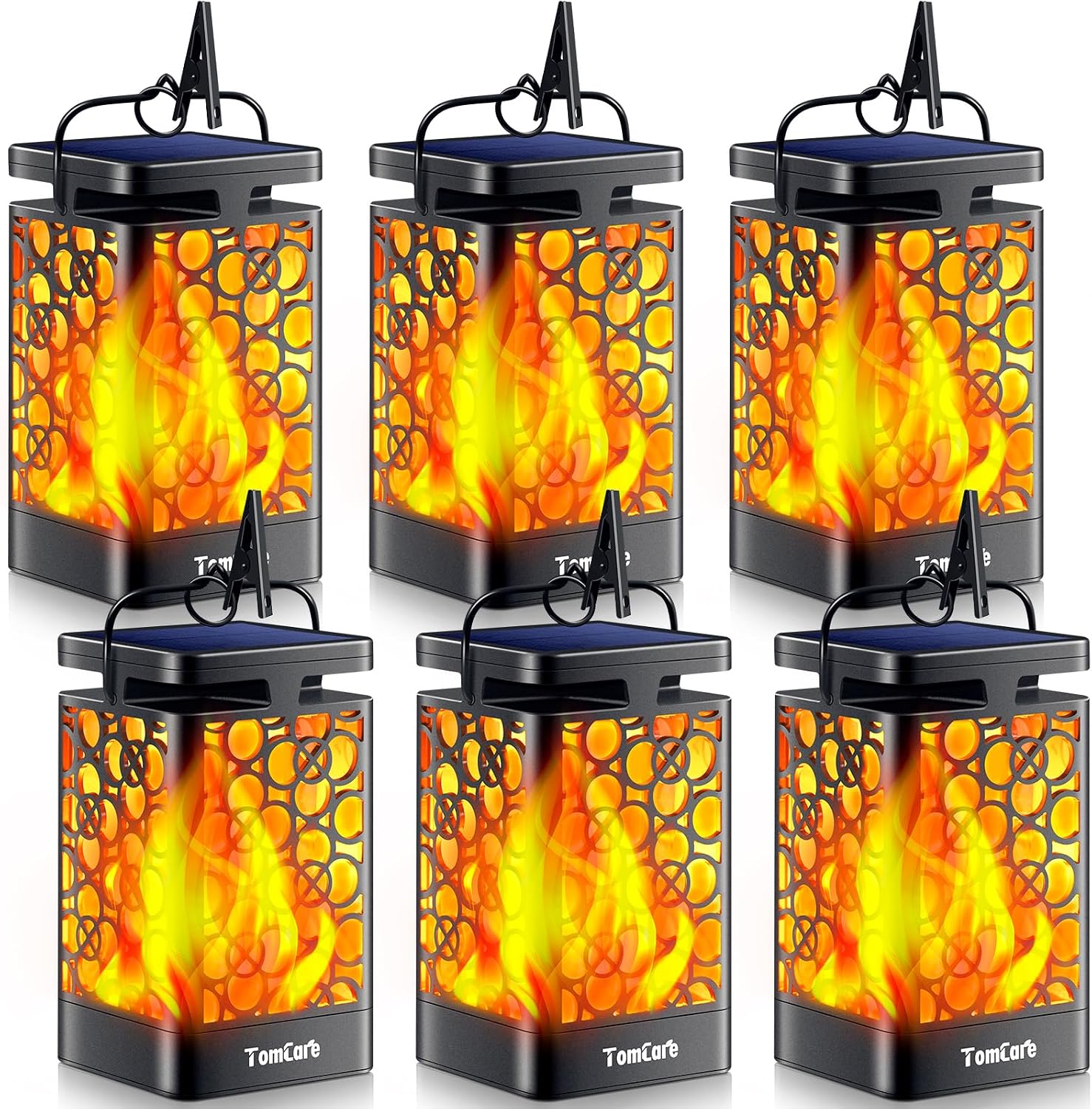 TomCare Solar Lanterns Outdoor, Flickering Flame Hanging Lights, 6 Pack | Realistic Flame Effect, Charges in 6-8 Hours, 10-12-Hour Runtime, IP65 Waterproof, Auto On/Off for Patio, Garden and Porch