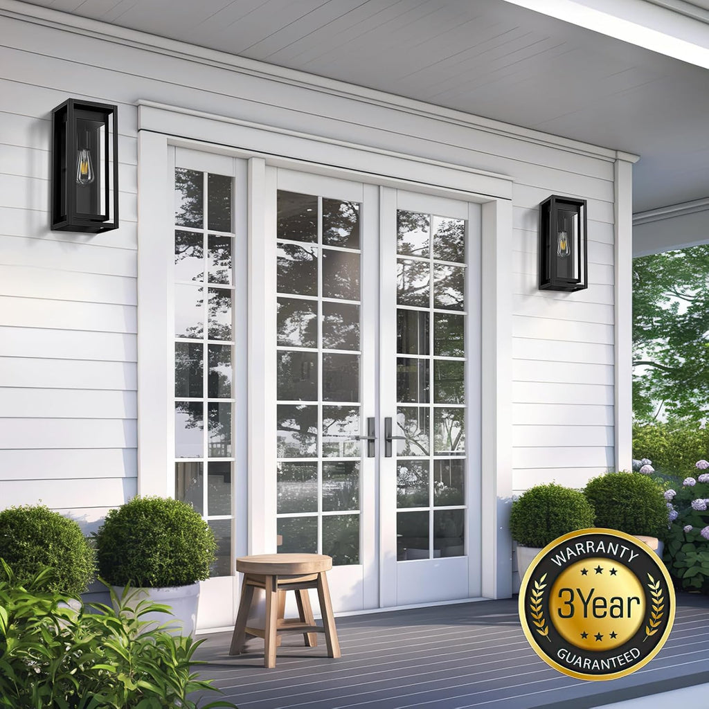 15" Outdoor Wall Lights, Black Exterior Lighting Fixtures, 2 Pack | Large Size, Anti-Rust, Waterproof, Tempered Glass, Easy Installation, Modern & Classic Outdoor Sconces for House Porch Garage