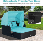 Tangkula Patio Rattan Daybed with Retractable Canopy, Patiojoy Wicker Sun Lounger with 2 Foldable Side Panels, Thick Seat & Back Cushions, for Garden, Backyard, Porch (Turquoise)