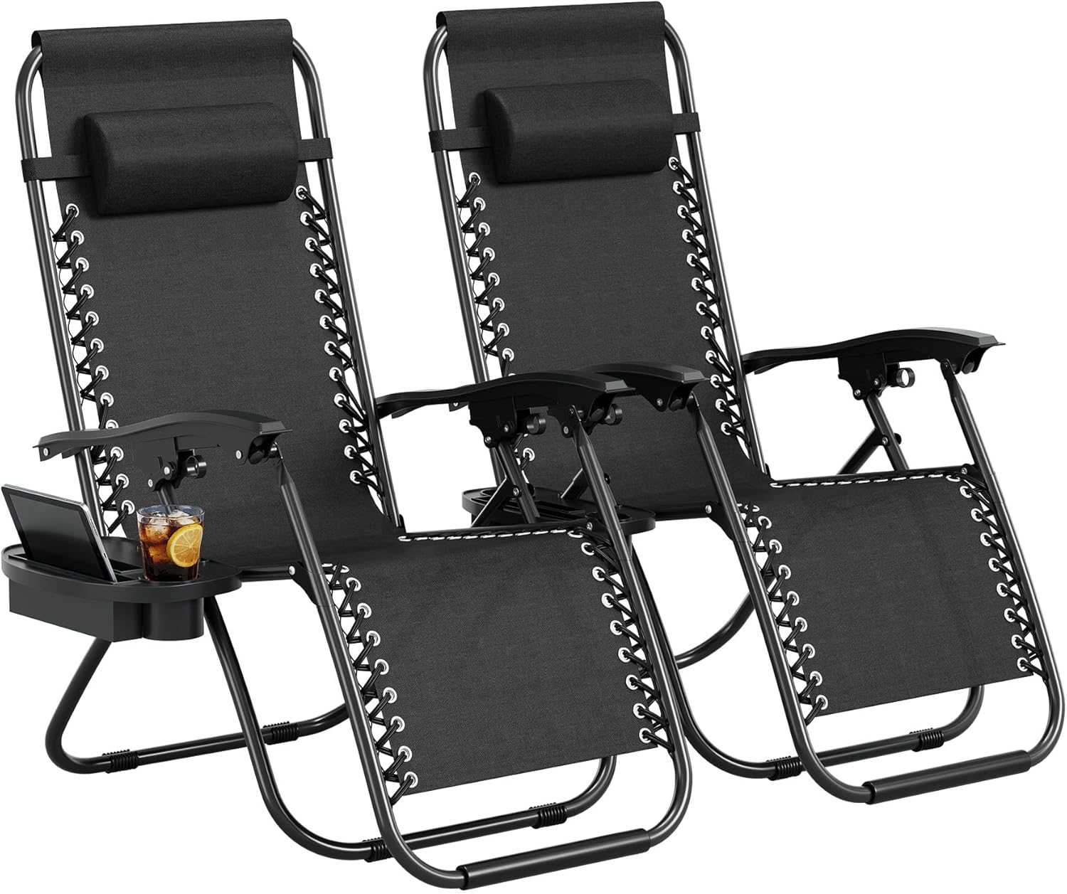 Garvee Zero Gravity Chair Set of 2, Adjustable Patio Lounge Chair | W/ Pillow, Cup Holder Tray & Upgraded Lock, Folding Portable Camping Chair for Deck, Beach, Yard, Garden;No Assembly