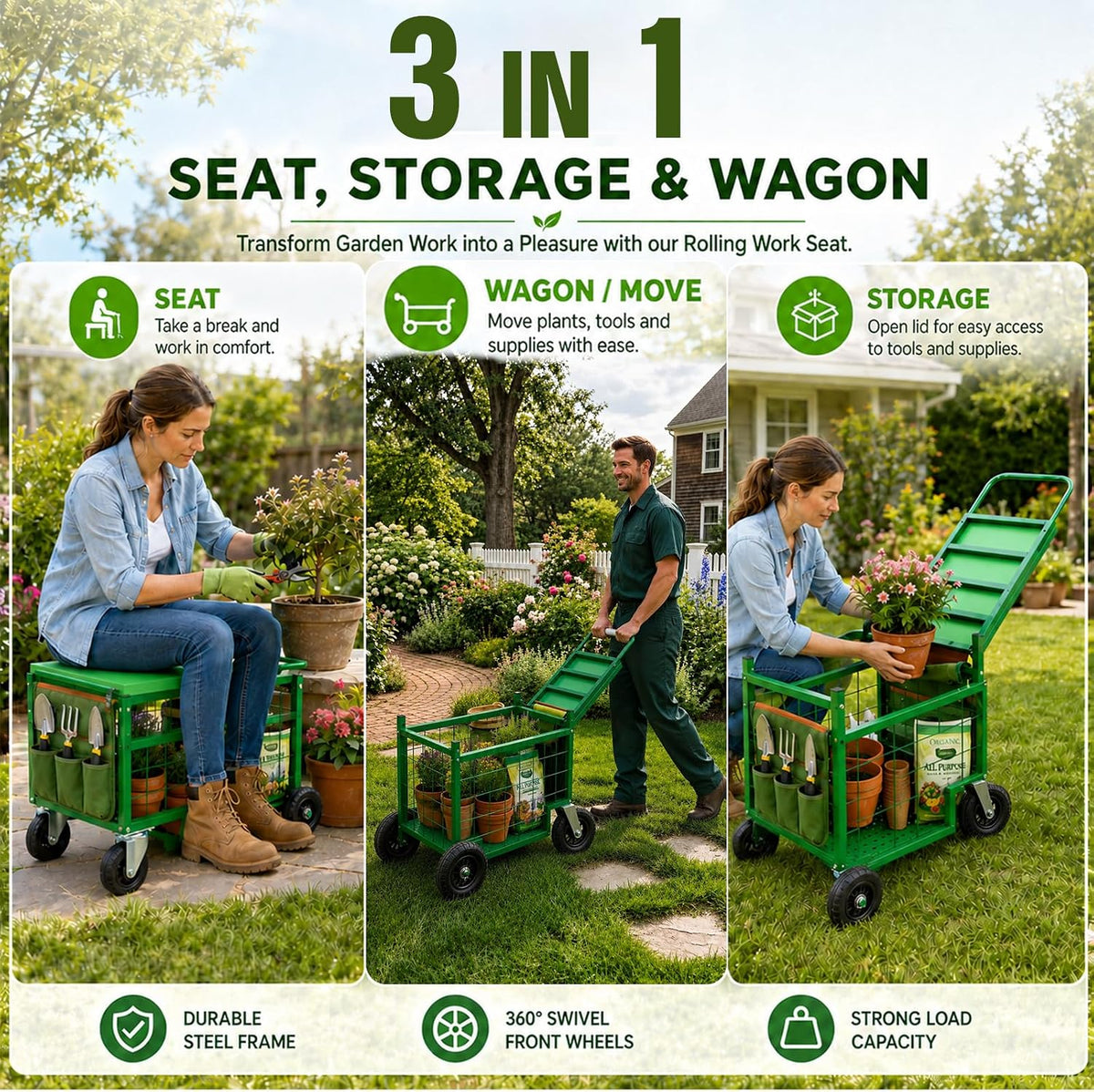 swivel wheel garden work seat upgraded heavy-duty gardening, close-up detail