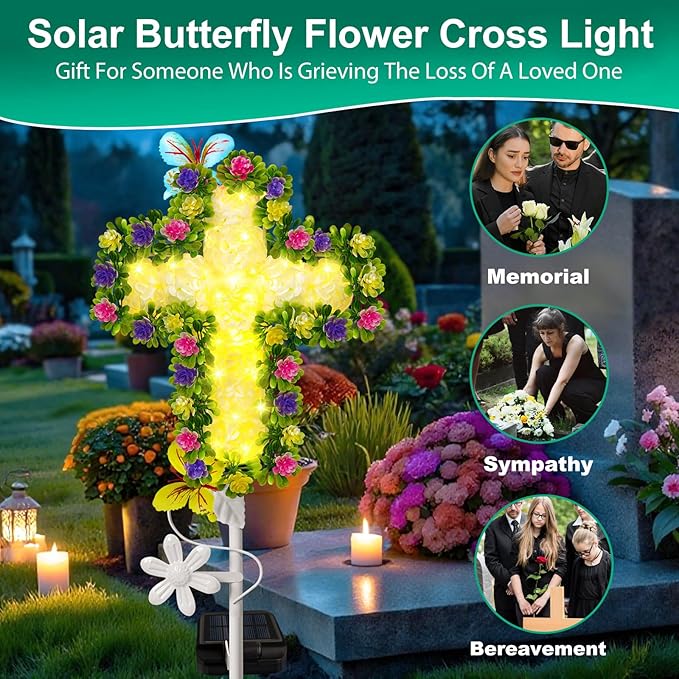 2 Pack Solar Flower Cross for Cemetery Grave, Grave Decorations for Cemetery Solar Crosses, Sympathy Memorial Gifts, for Garden Lawn Yard Patio Decor