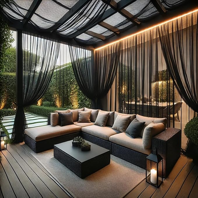 Extra Wide Outdoor Curtains Waterproof Black Voile Mesh Screen Lightweight Privacy Bug Netting for Patio Porch Balcony Pergola Terrace, W125 x L108 inch per Panel, 2 Panels