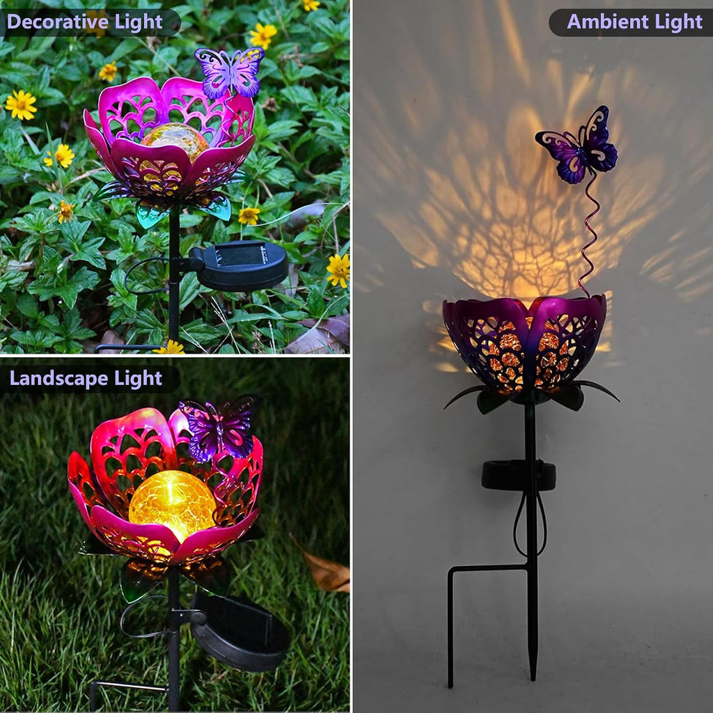 Solar Path Light, 2 Pack Crackle Glass Globe LED Lights, Metal Butterfly Decorations Lights, Hollow Petal Tulip Stake Light for Patio Yard Walkway Ground Lawn Ornaments Gifts (Purple Flower - 2pcs)