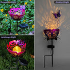Solar Path Light, 2 Pack Crackle Glass Globe LED Lights, Metal Butterfly Decorations Lights, Hollow Petal Tulip Stake Light for Patio Yard Walkway Ground Lawn Ornaments Gifts (Purple Flower - 2pcs)