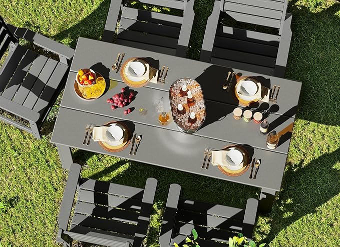 GREENVINES Outdoor Dining Table | 67’’ | HDPE | Rectangle Tables for 6 | All-Weather | Umbrella Hole | Patio Furniture | for Poolside Backyard Garden | Grey