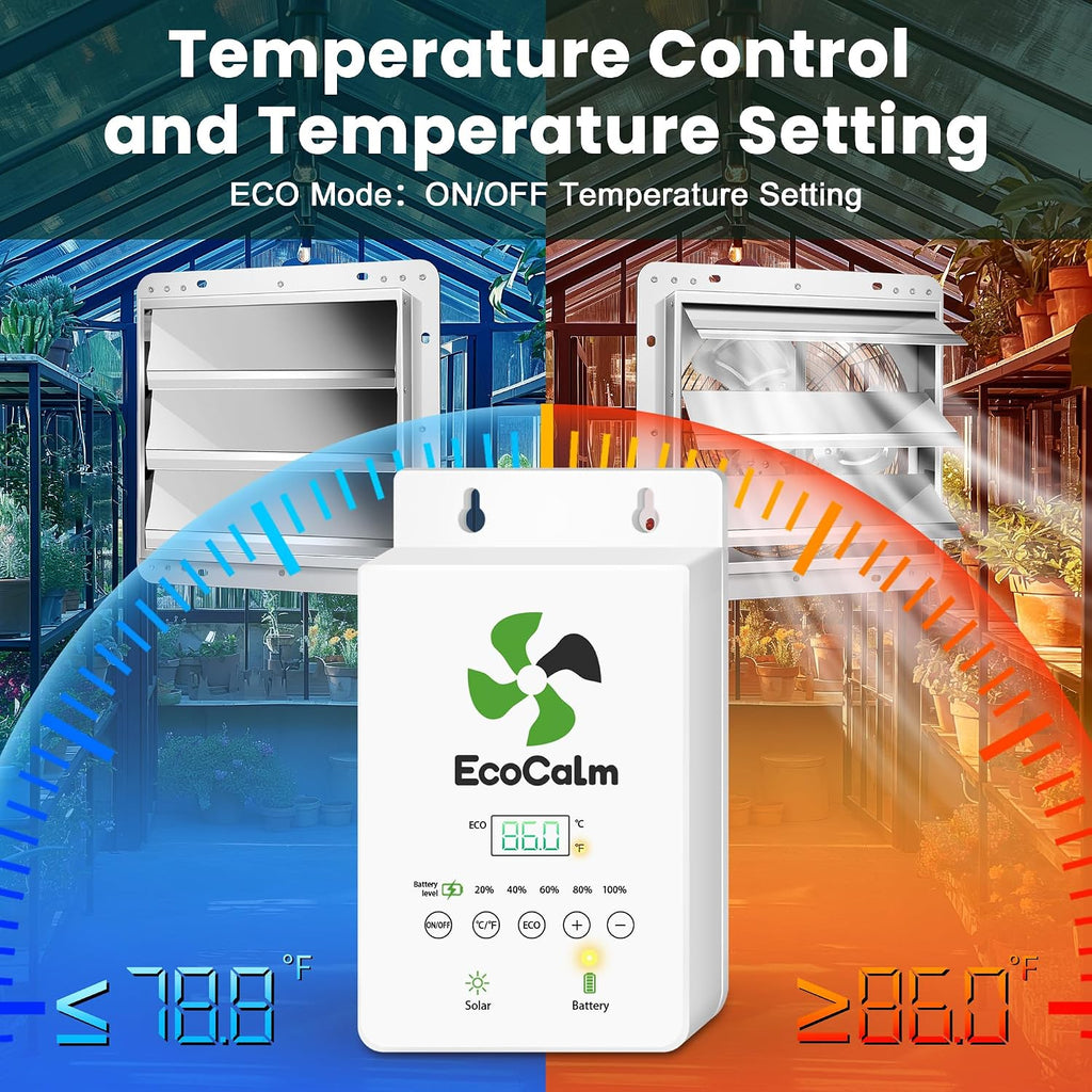 solar exhaust fan for greenhouse with smart thermostat, side view