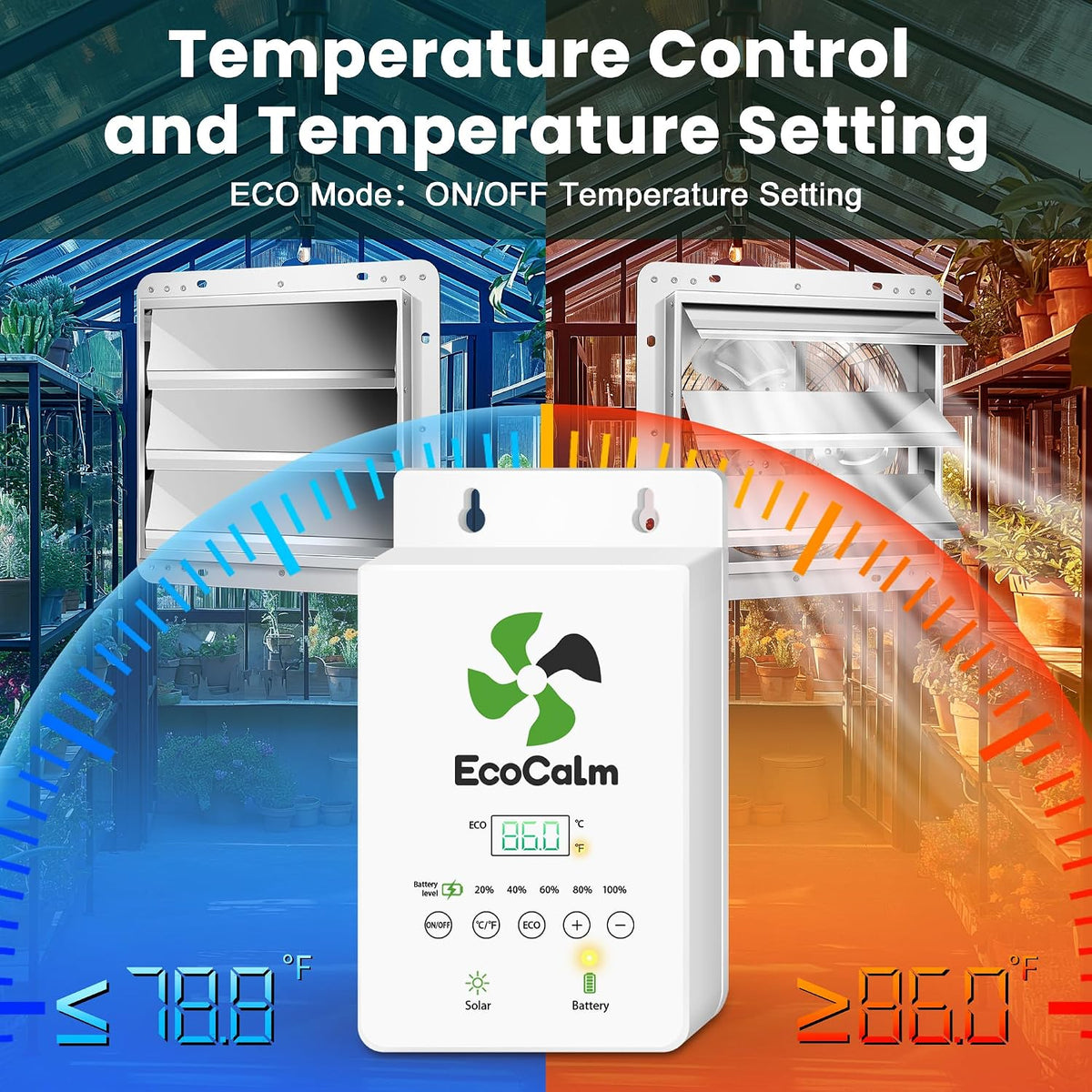 solar exhaust fan for greenhouse with smart thermostat, side view