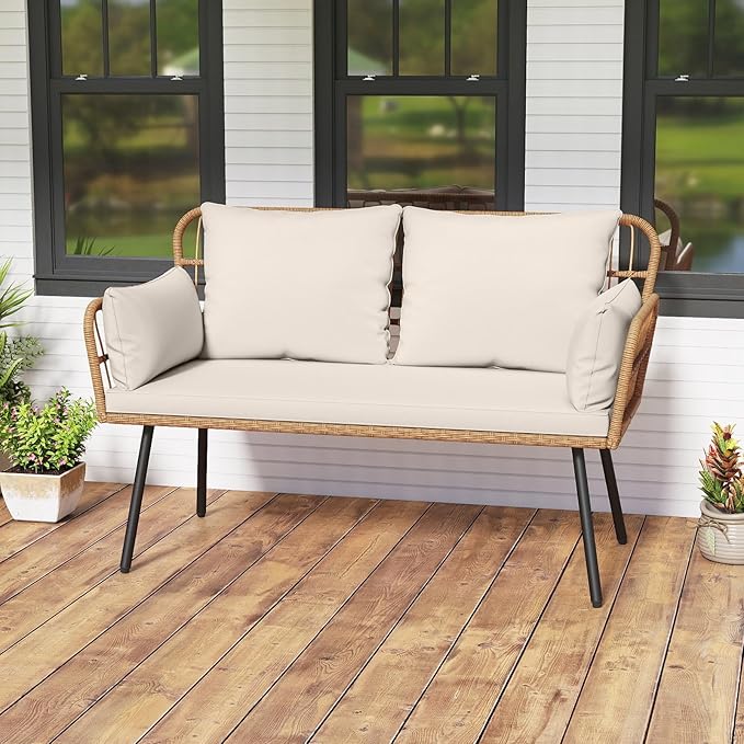 Tangkula Patio Wicker Loveseat, Outdoor Rattan 2-Seat Cushioned Sofa with Heavy Duty Metal Frame, for Backyard,Porch,Poolside (Off White)