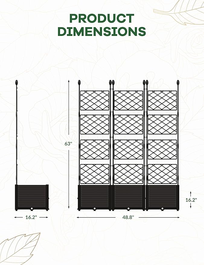 3 PCS Raised Garden Bed with Trellis,63" h Vertical Planter Box with Drainage Holes for Climbing Plants, Patio Privacy Screen & Balcony Garden
