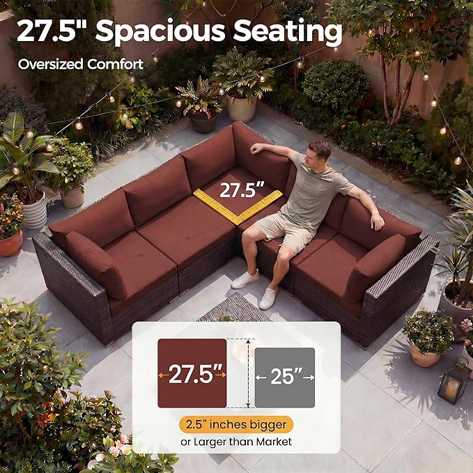 NICESOUL Modern 9 Pcs Patio Sectional Sofa Set with Fire Pit Natural Gas/Propane, Extra Large Outdoor Furniture Sets, 29.3'' High Back Deep Seats Conversations 8 Seater, Brown Rattan and Red Cushion