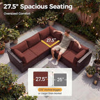 NICESOUL Modern 9 Pcs Patio Sectional Sofa Set with Fire Pit Natural Gas/Propane, Extra Large Outdoor Furniture Sets, 29.3'' High Back Deep Seats Conversations 8 Seater, Brown Rattan and Red Cushion