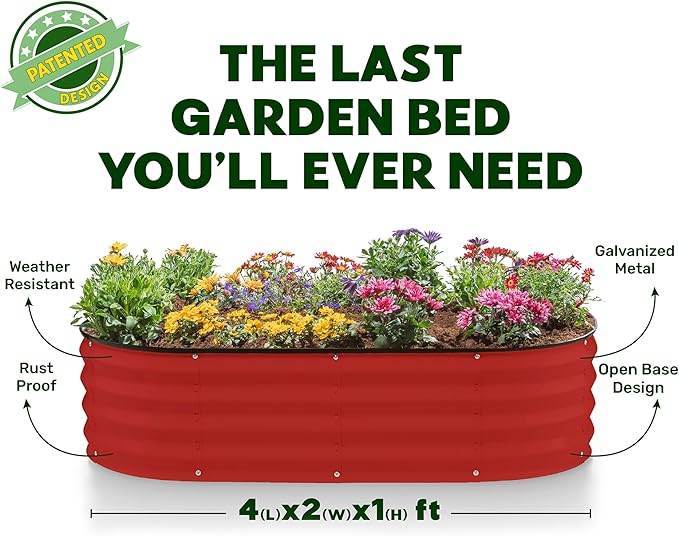 Plant & Plot Galvanized Raised Garden Beds Outdoor // 4×2×1 ft Planter Raised Beds for Gardening, Vegetables, Flowers // Large Metal Garden Box (Red) // Patented Tool-Free Design