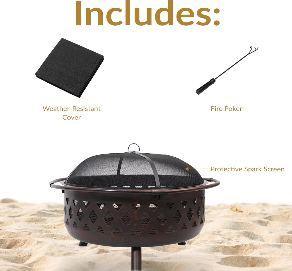 sunnydaze crossweave 36" large outdoor fire pit, wood, close-up detail