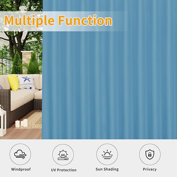 Easy-Going Outdoor Patio Curtains Detachable Tab Top Windproof Weatherproof Curtain for Cabana, Porch, Pergola and Gazebo, Tab Bottom Drape, 2 Panels, 110W x 84L inch, Sky Blue