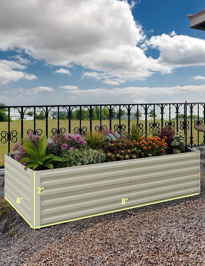 CABIHOME 2 Pcs 8x4x2 Ft Galvanized Raised Garden Bed, Deep Root Planter Box for Vegetables, Flowers, Herbs- Large Metal Raised Garden Bed Kit for Outdoor Use, Beige