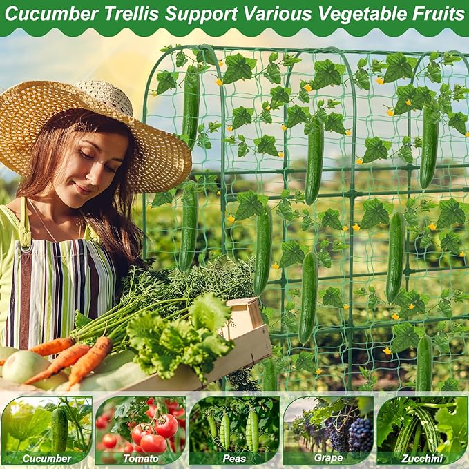 67 x 50 Cucumber Trellis for Raised Bed, U-Shape Metal Large Garden Trellis for Climbing Plants Outdoors with Netting, Garden Tools, Cucumber Arch Trellis for Vegetable Fruit Flower Plant Support