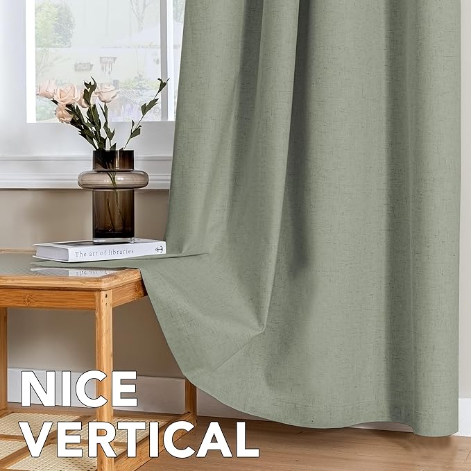 H.VERSAILTEX Linen Curtains 100% Blackout Curtains for Bedroom 102 inch Long Full Light Blocking Nature Linen Blended Window Curtains for Living Room Nickel Grommet (2 Panels, Heathered Dried Sage)