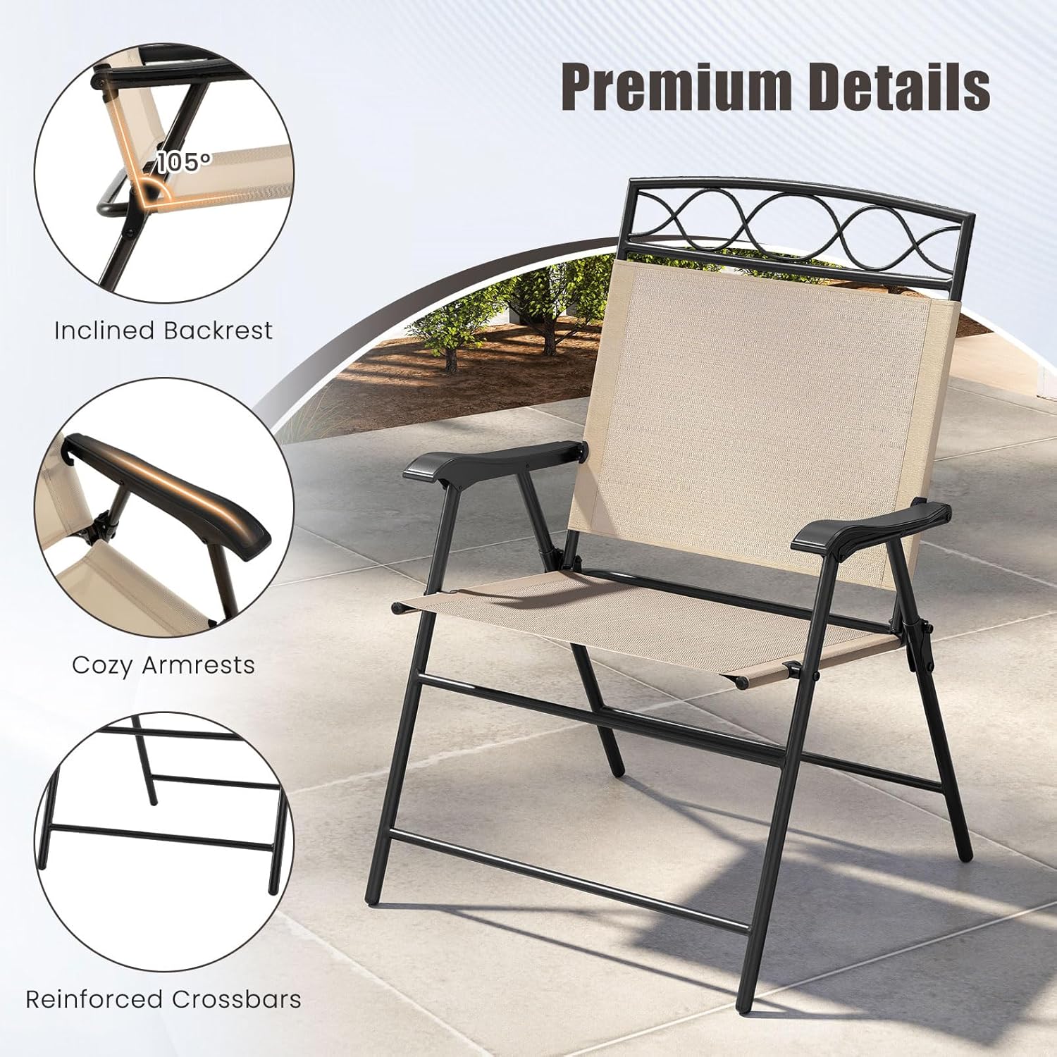 GIANTEX Set of 4 Patio Folding Chairs, Outdoor Dining Chairs for Camping, Beach, Backyard, Deck, Portable Dining Chair w/Armrest and Metal Frame, Beige