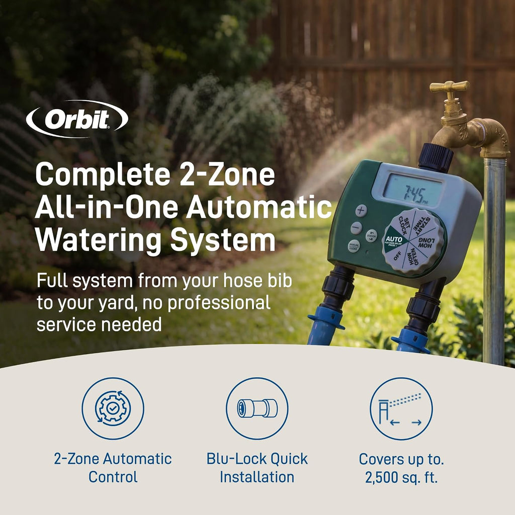 Orbit 2-Zone All-in-One Automatic Watering System - Automatic Sprinkler System for Yard Irrigation Setup - DIY Lawn Kit - Double Outlet Hose Timer - Easy Push-Fit Technology - Large Coverage - 50021