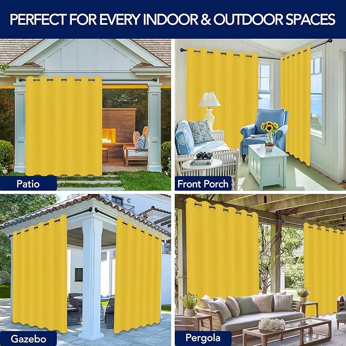 PureFit Outdoor Curtains for Patio Waterproof Weatherproof, UV Resistant Outside Curtains for Gazebo, Front Porch, Pergola, Sun Blocking Privacy Curtain, 100W x 95L inch, 1 Panel, Yellow