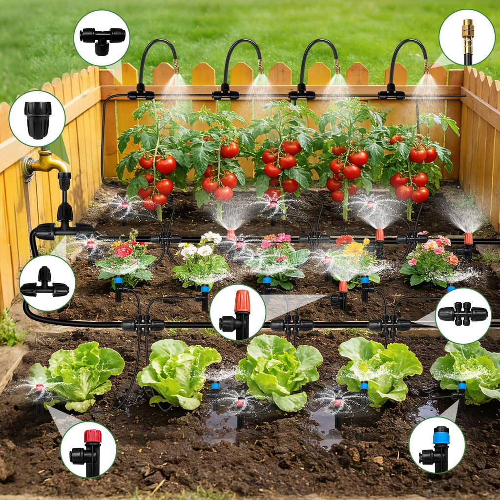 250FT Drip Irrigation System for Garden with 38pcs Adjustable Copper Nozzles & Emitters, Automatic Garden Watering System with 1/2" & 1/4" Tubing for Raised Bed, Yard, Greenhouse, Potted Plants, Lawn