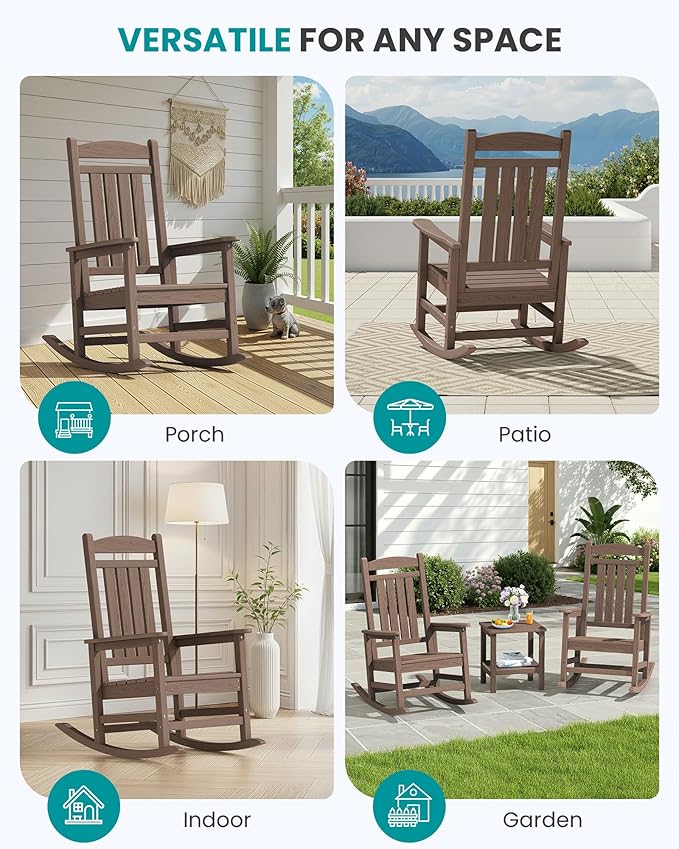 SERWALL HDPE Outdoor Rocking Chair Set of 2, Patio Rocking Chairs, All-Weather Porch Rockers for Adults, Brown