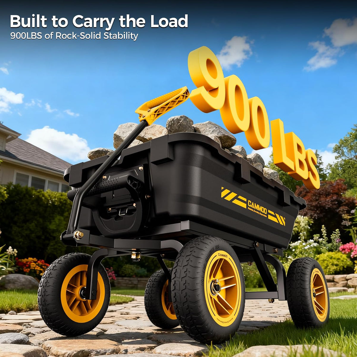 cammoo 10-in no-flat tires 900lb garden dump cart showing dimensions