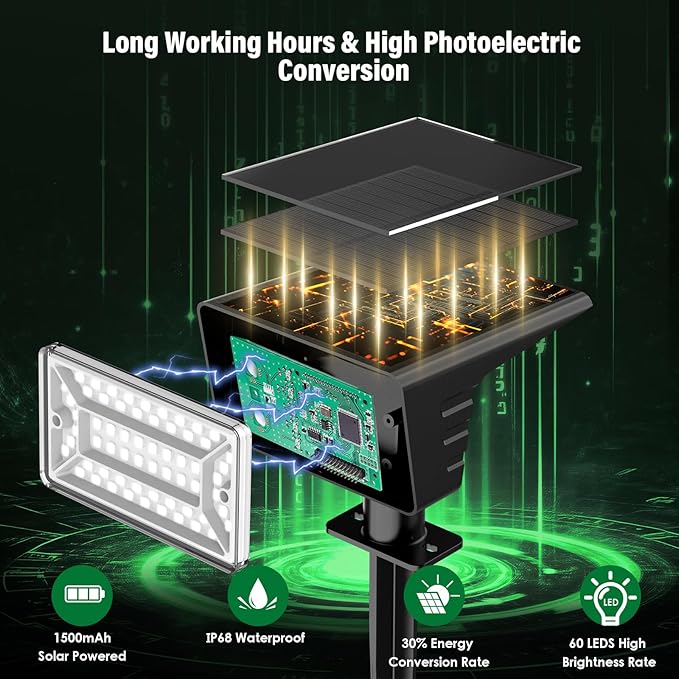 Solar Spot Lights Outdoor with 60 LED & Auto On/Off, 2 Pack Solar Lights Outdoor Waterproof IP68 with 3 Lighting Modes, 2-in-1 Solars Landscape Light for Outside, Garden, Yard(Cool White)