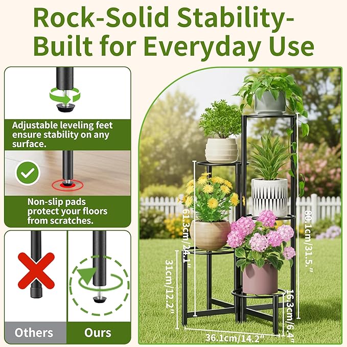 Corner Plant Stand Indoor Outdoor Tall Metal Flower Pot Stands for Multiple Plants 5 Tier Heavy Duty Plant Shelf for Patio Garden Balcony Living Room Bedroom Black Kite