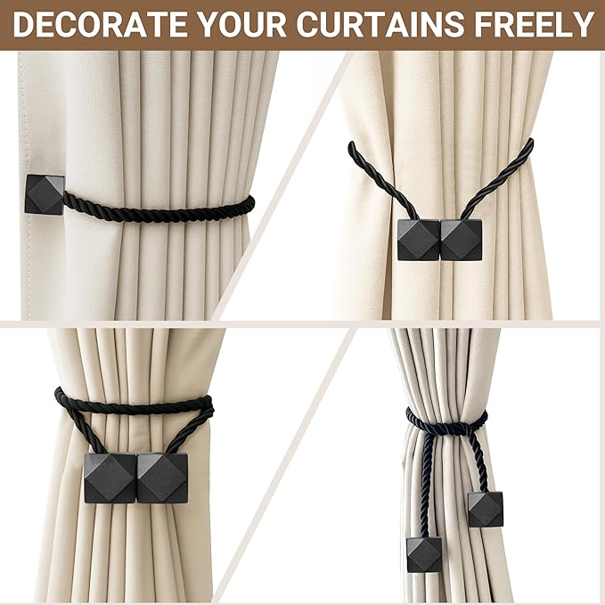 Hion Magnetic Curtain Tiebacks Black 6 Pack, Curtain Tiebacks Buckles Holdbacks Holders Hooks Clip for Home Bedroom Office Decorative Thick or Thin Curtain