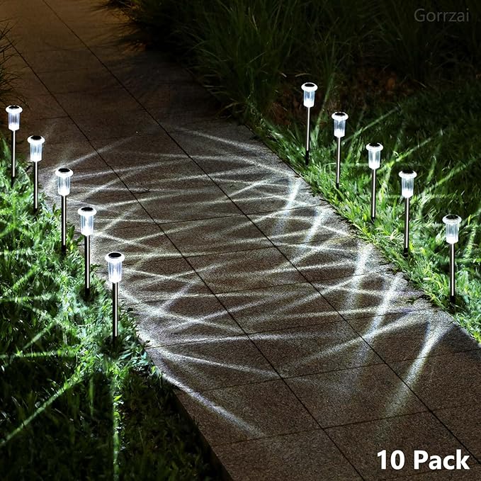 Solar Pathway Lights 10 Pack Christmas Solar Lights Outdoor Waterproof 6000K Cold White Yard Lighting, LED Stainless Steel Stake (Pink, 10 Pack)