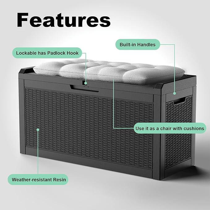 DRATO 60 Gallon Deck Box, Waterproof Resin Large Outdoor Storgae Box for Patio Furniture, Patio Cushions, Gardening Tools, Pool Supplies, Lockable（Black，60 Gallon）